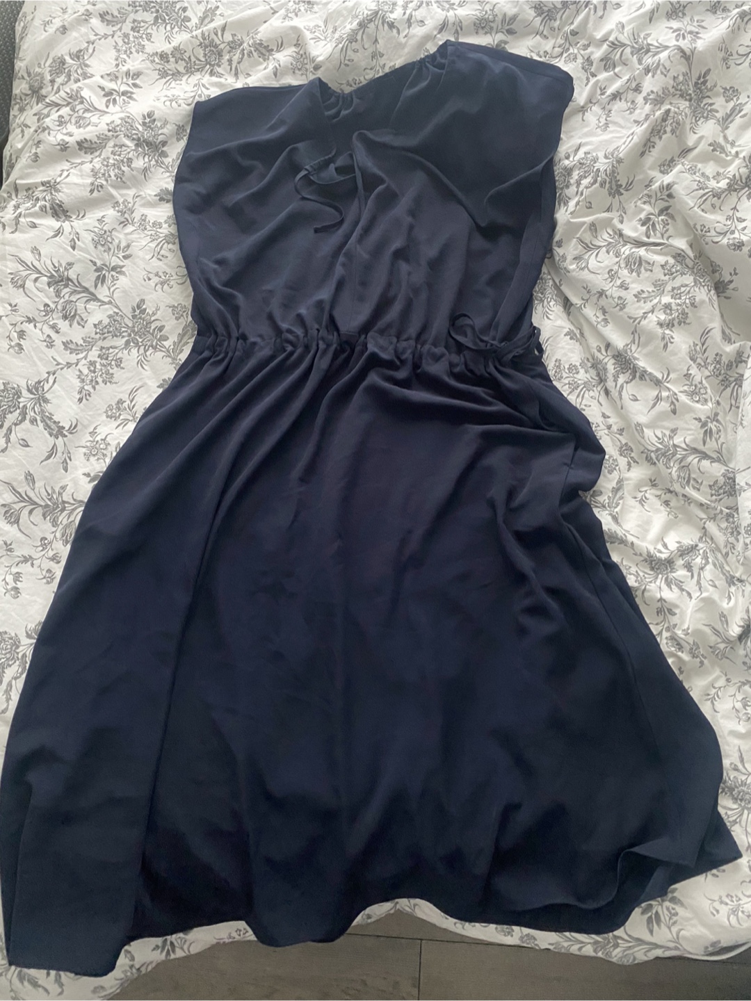 Navy Blue Sleeveless Midi Dress with Drawstring Waist