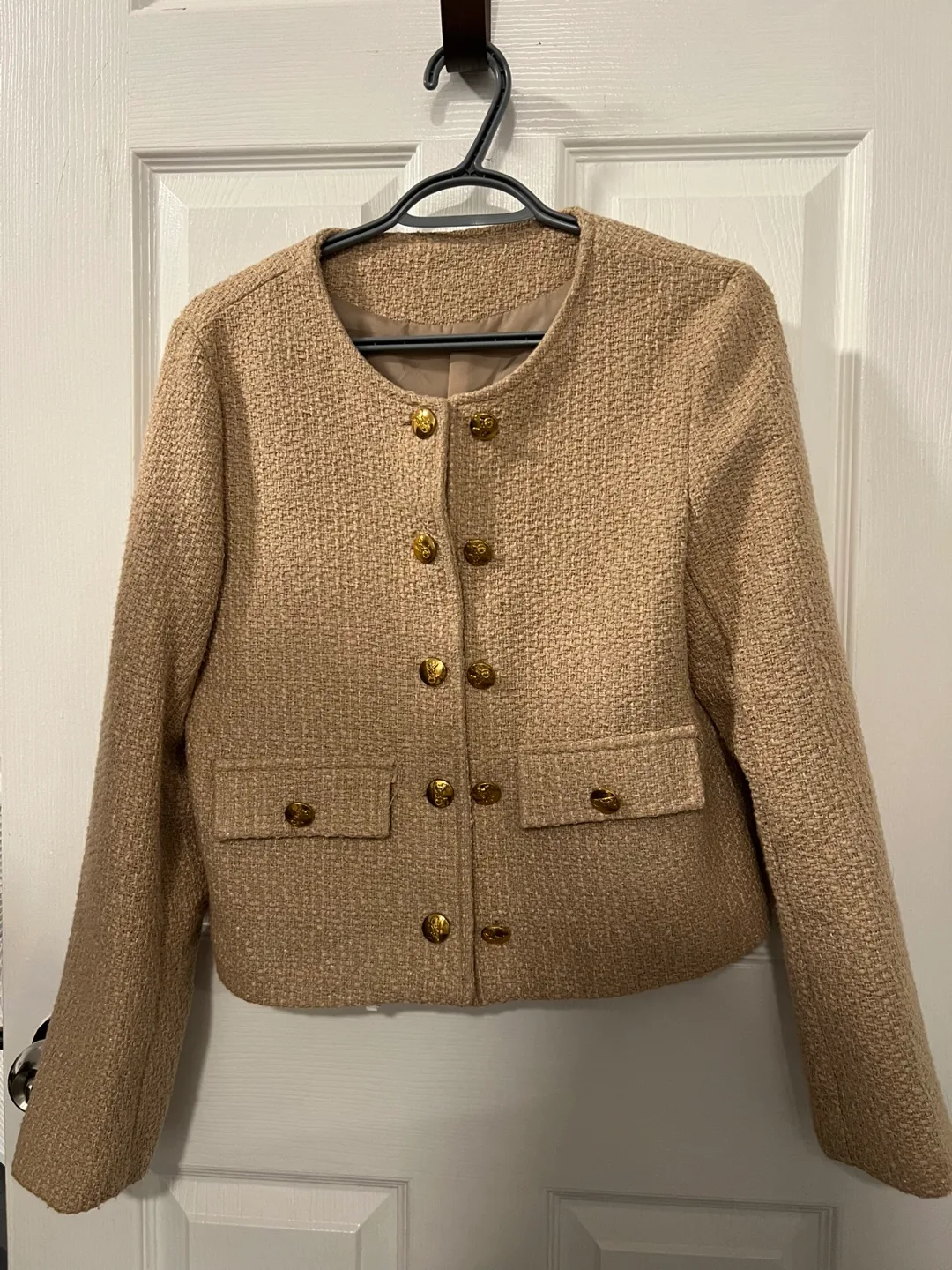 Celine inspired Beige Tweed Jacket with Gold Buttons thumbnail