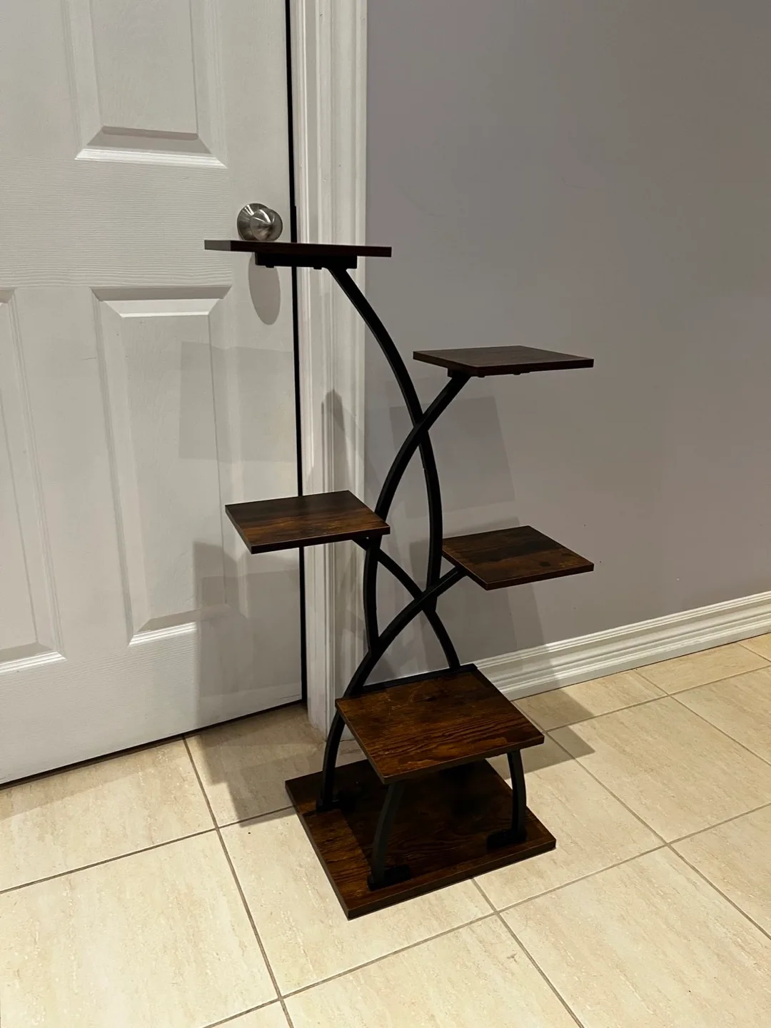 5-Tier Plant Stand - Dark Brown Wood & Black Metal thumbnail