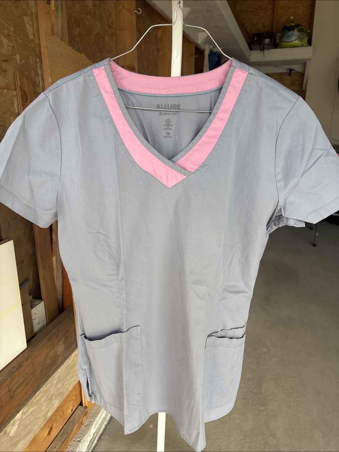 Grey Scrubs Top with Pink Trim - Size Medium