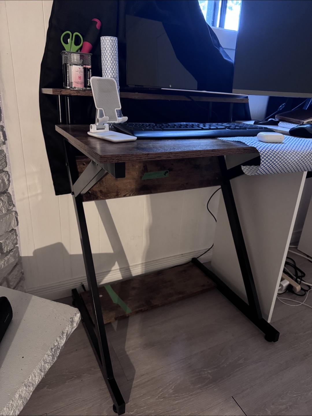 Small Computer Desk - Dark Brown Wood Top with Black Metal Frame - photo 2