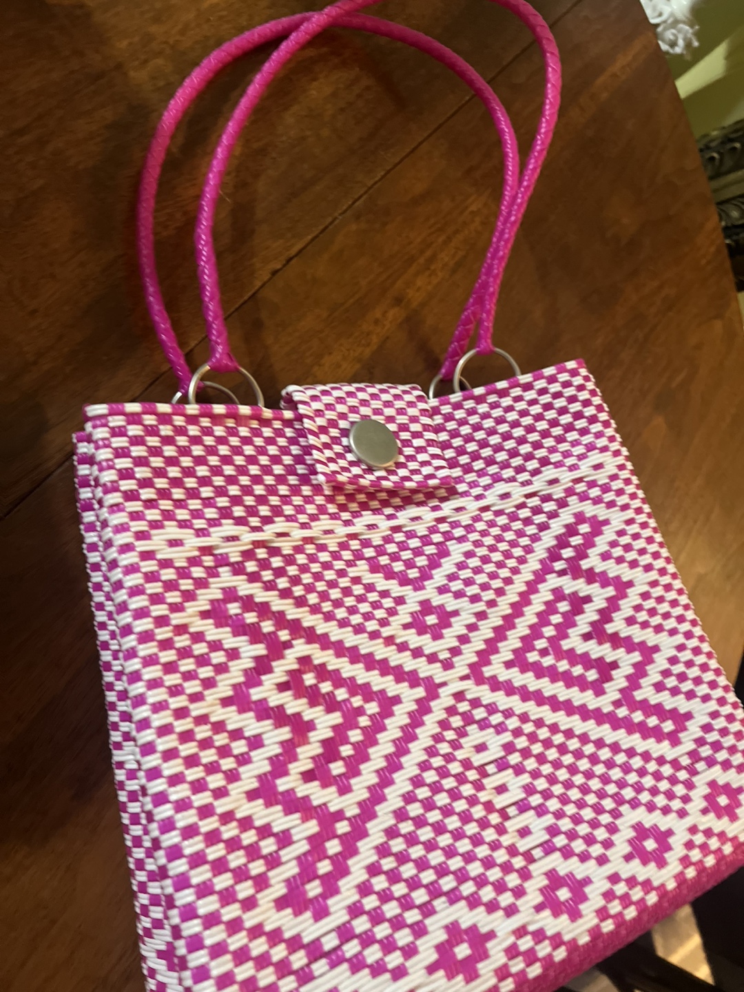Pink/white & brown/black Woven Plastic Handbag - photo 2