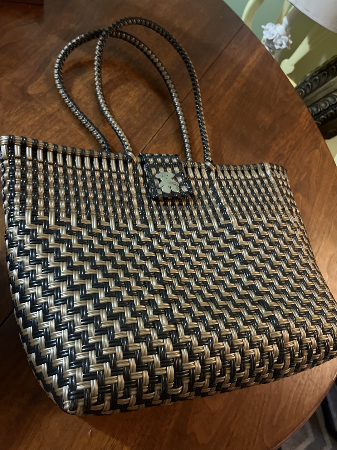 Pink/white & brown/black Woven Plastic Handbag