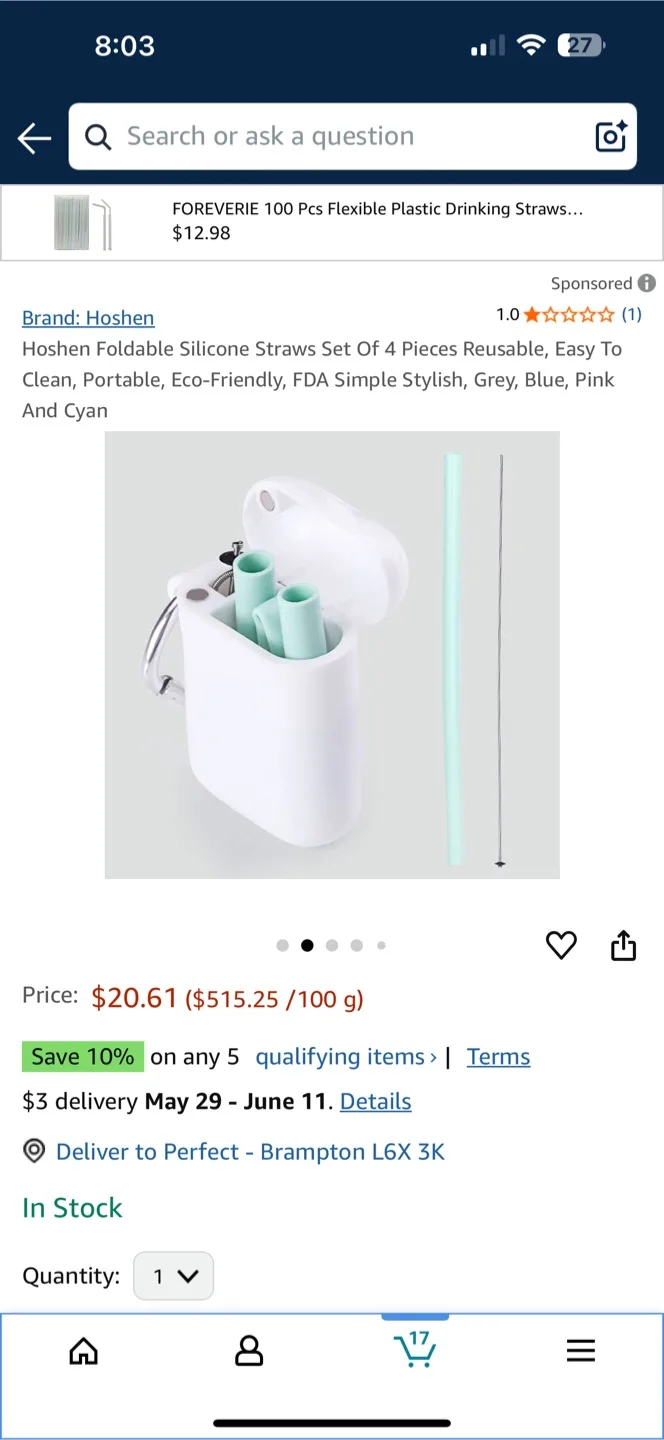 Hoshen Foldable Silicone Straws Set Of 4 Pieces Reusable thumbnail