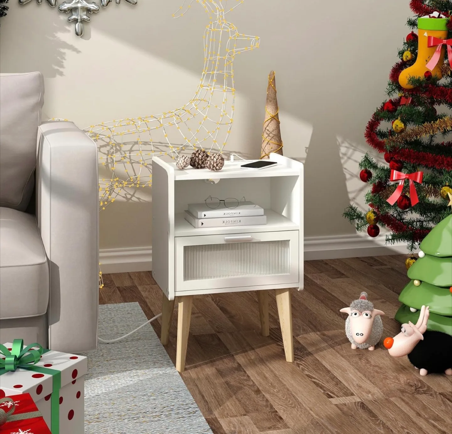 White Nightstand with Built-in Outlets and USB Ports image indicator(5)