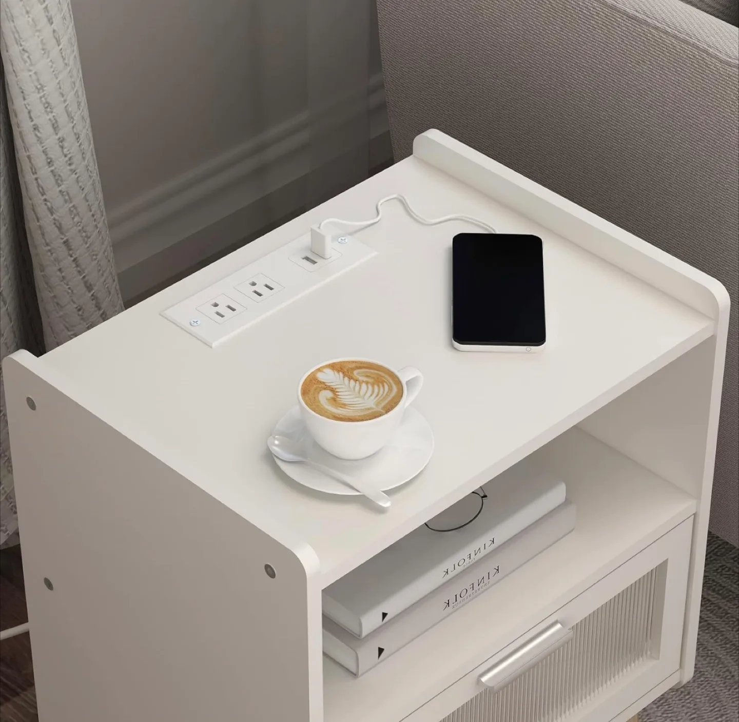 White Nightstand with Built-in Outlets and USB Ports image indicator(2)