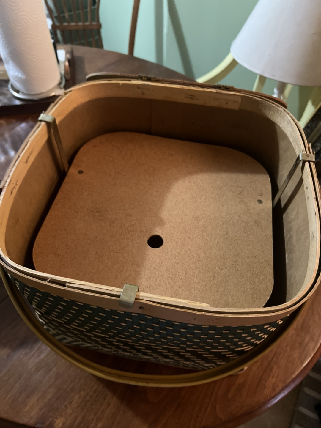 Vintage Picnic Basket, Green and Beige Woven, Wood Lid