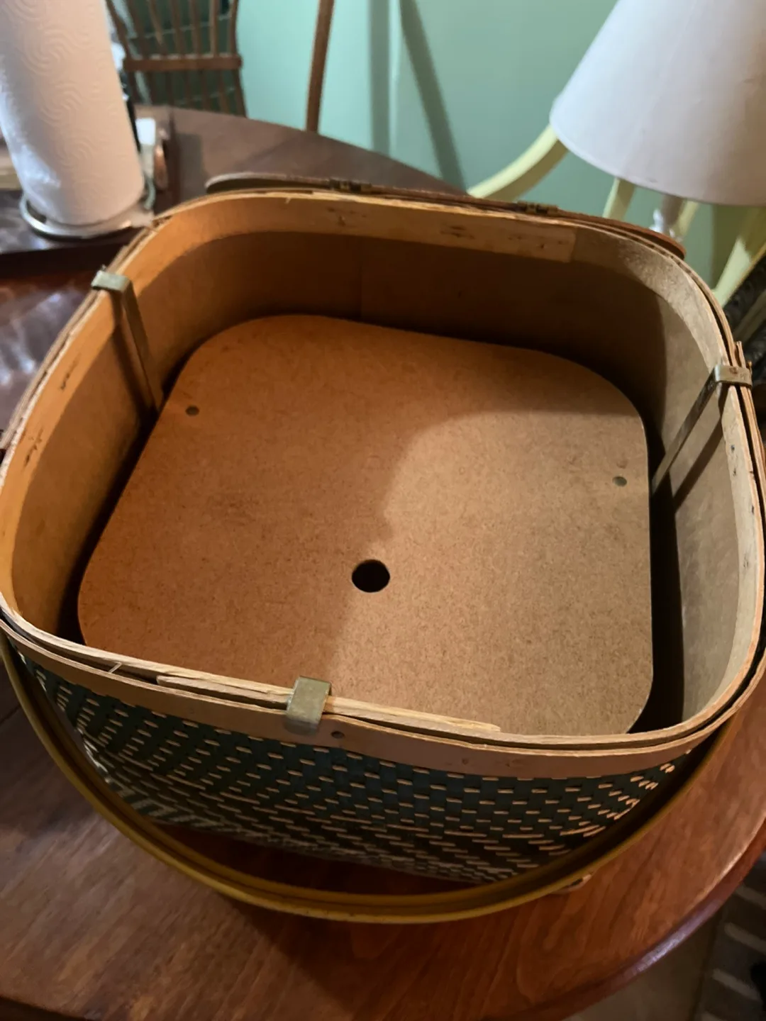 Vintage Picnic Basket, Green and Beige Woven, Wood Lid thumbnail
