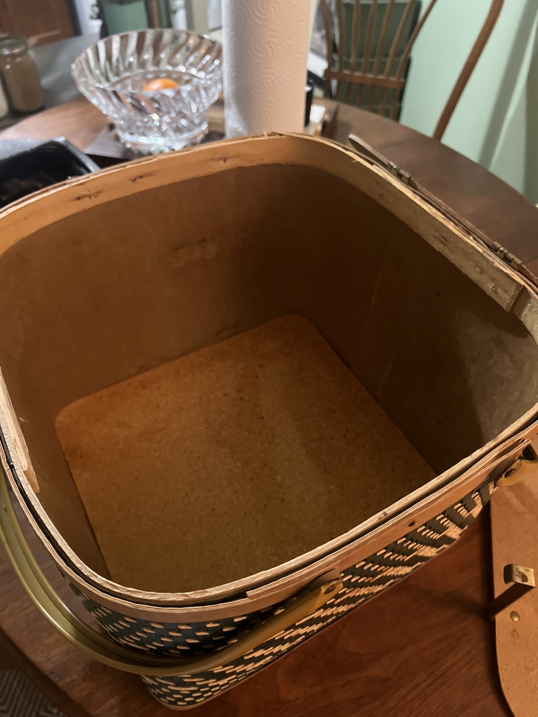 Vintage Picnic Basket, Green and Beige Woven, Wood Lid - photo 2