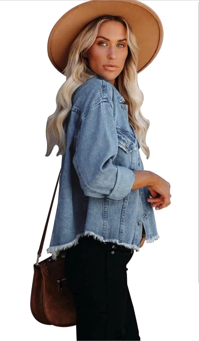NEW! Cropped Frayed Hem Jean Light Wash Denim Jacket - Size XL - photo 3