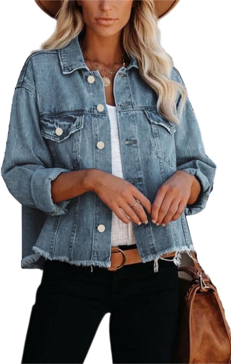 NEW! Cropped Frayed Hem Jean Light Wash Denim Jacket - Size XL