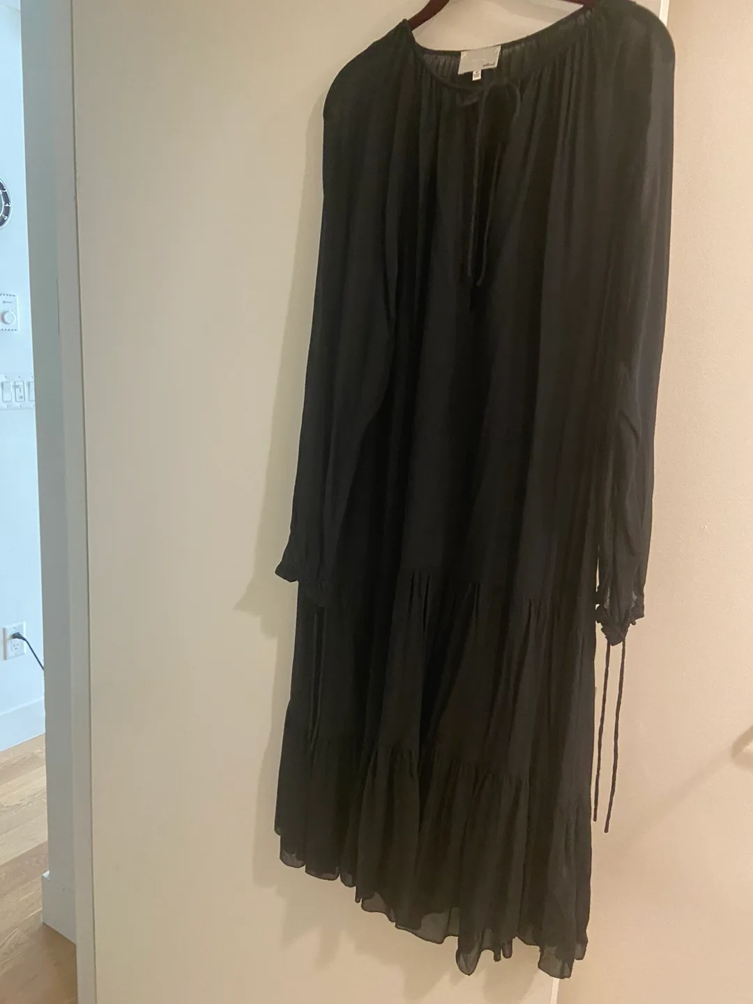 Black tiered midi dress in silk thumbnail