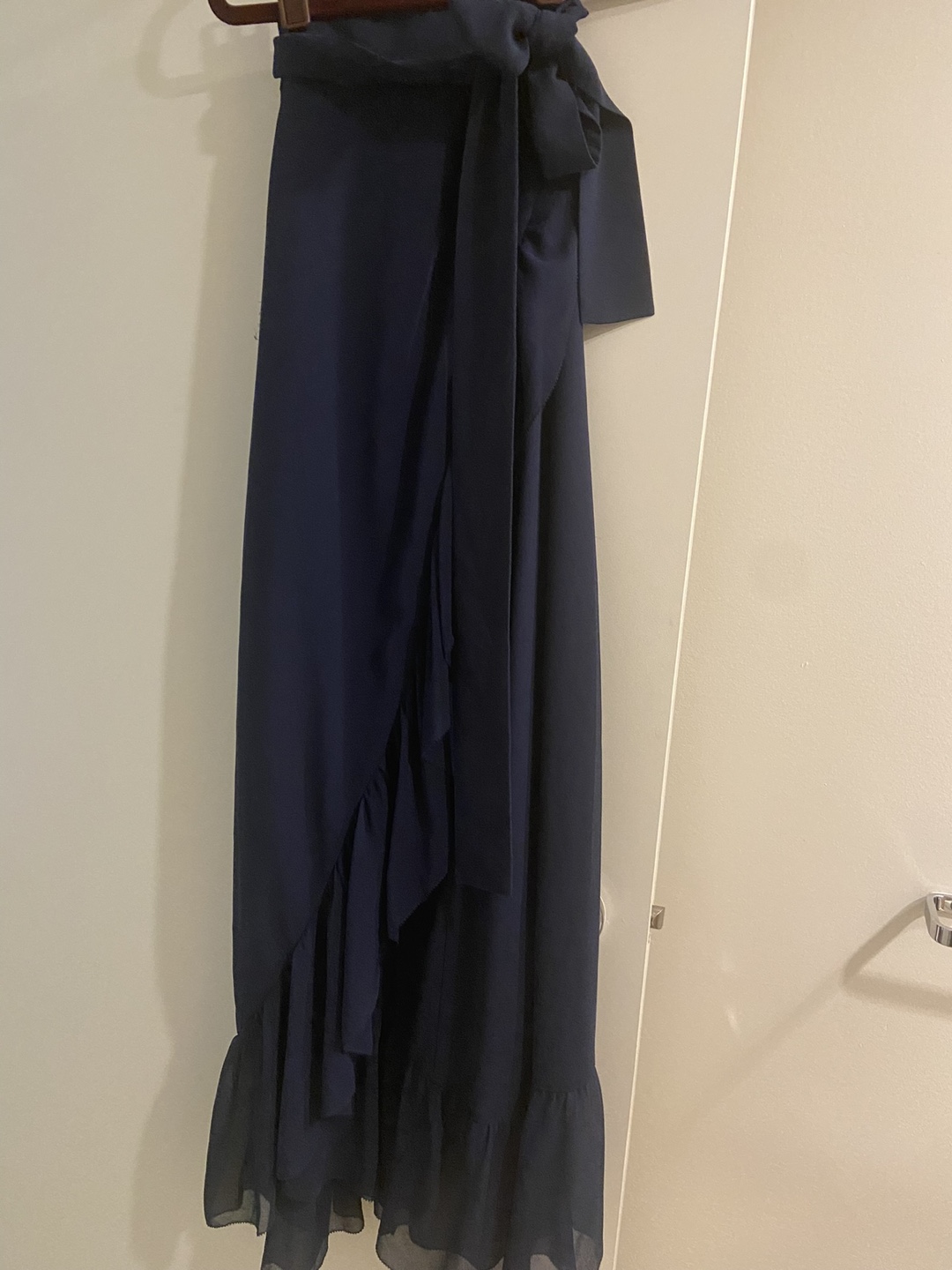 Navy Blue Wrap Maxi Skirt with Ruffle Detail