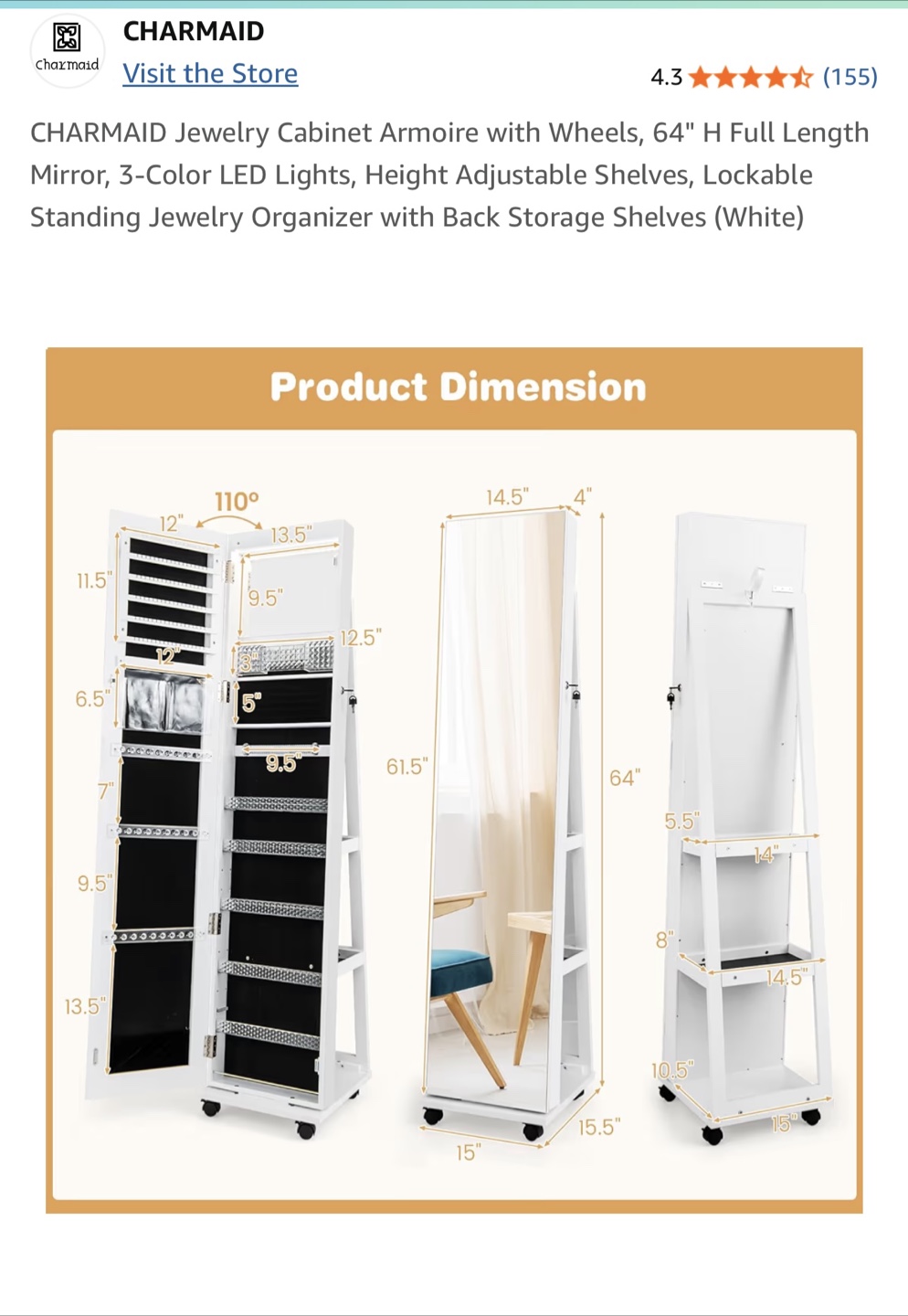 Jewelry Cabinet with Mirror (white) - photo 2