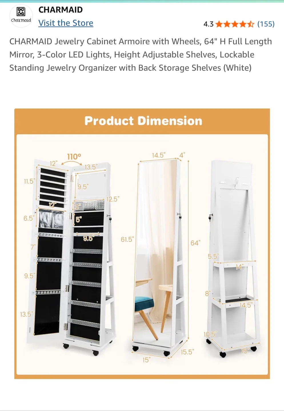 Jewelry cabinet with Mirror - White image indicator(2)