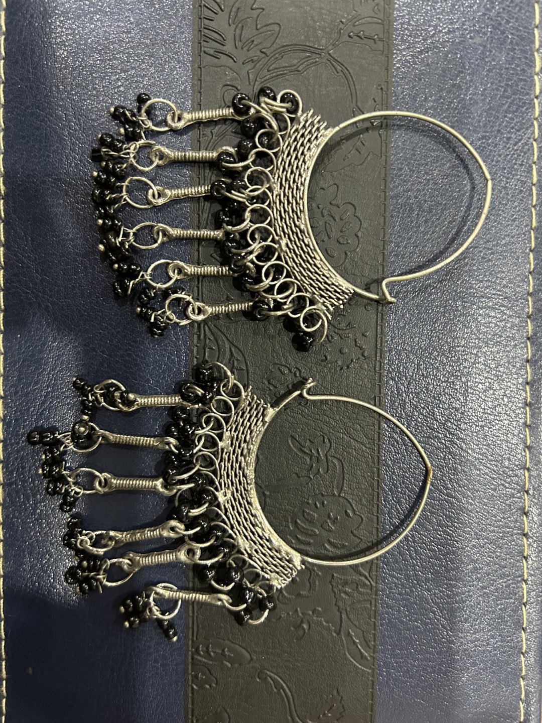Black Beaded Silver Tone Hoop Earrings