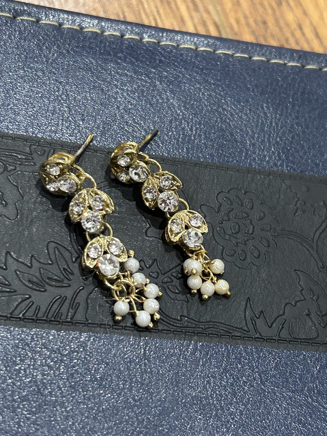 Elegant Gold Tone Drop Earrings with Clear Crystals and Pearls
