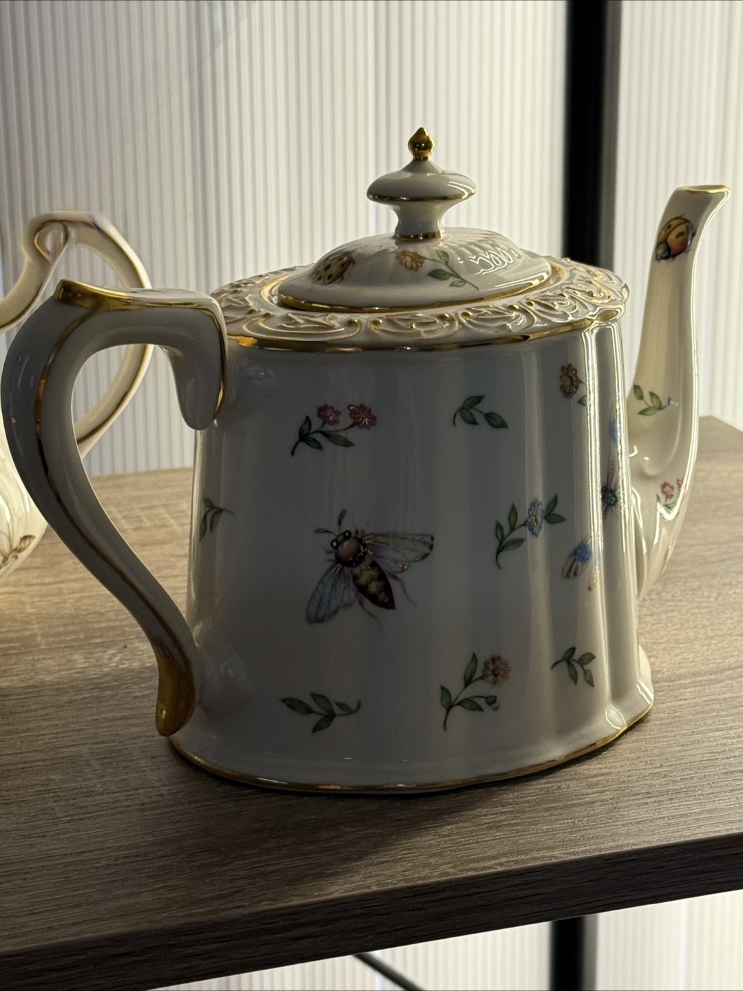 Two Vintage Teapots with Floral and Insect Design - photo 2