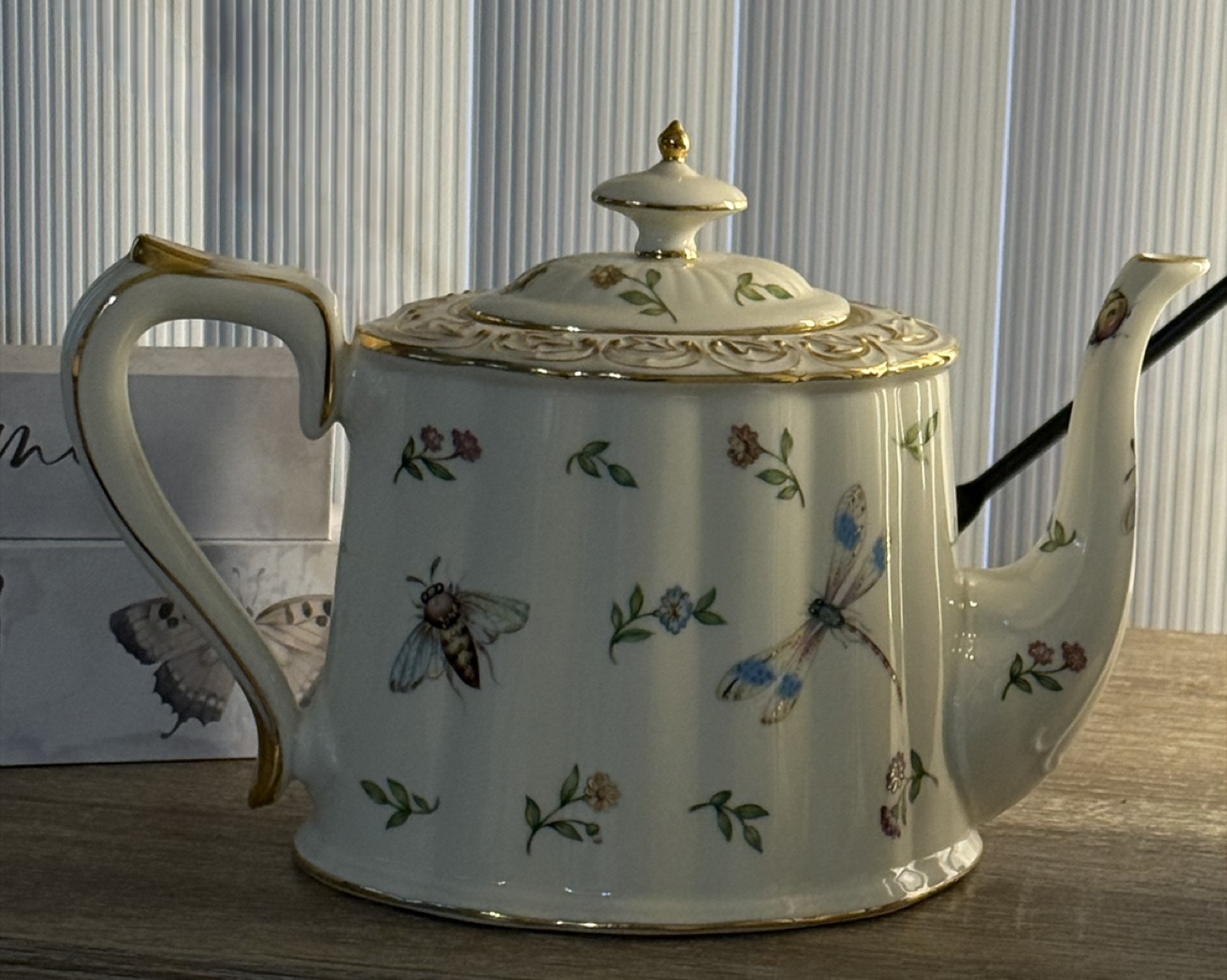 Two Vintage Teapots with Floral and Insect Design