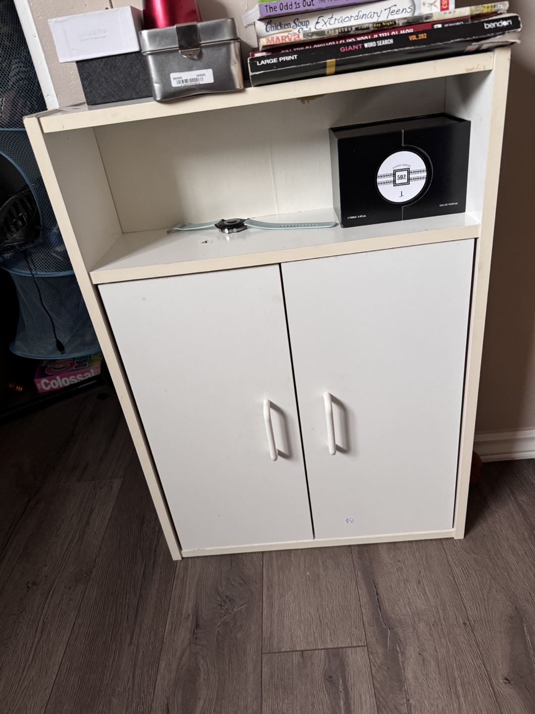 White Wooden Cabinet with Doors and Shelf