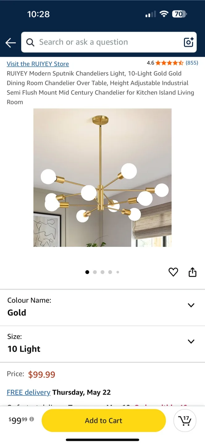 10-Light Gold Sputnik Chandelier for kitchen and living room thumbnail