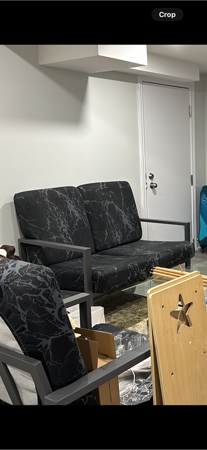 Modern two-seater sofa with marble-patterned fabric
