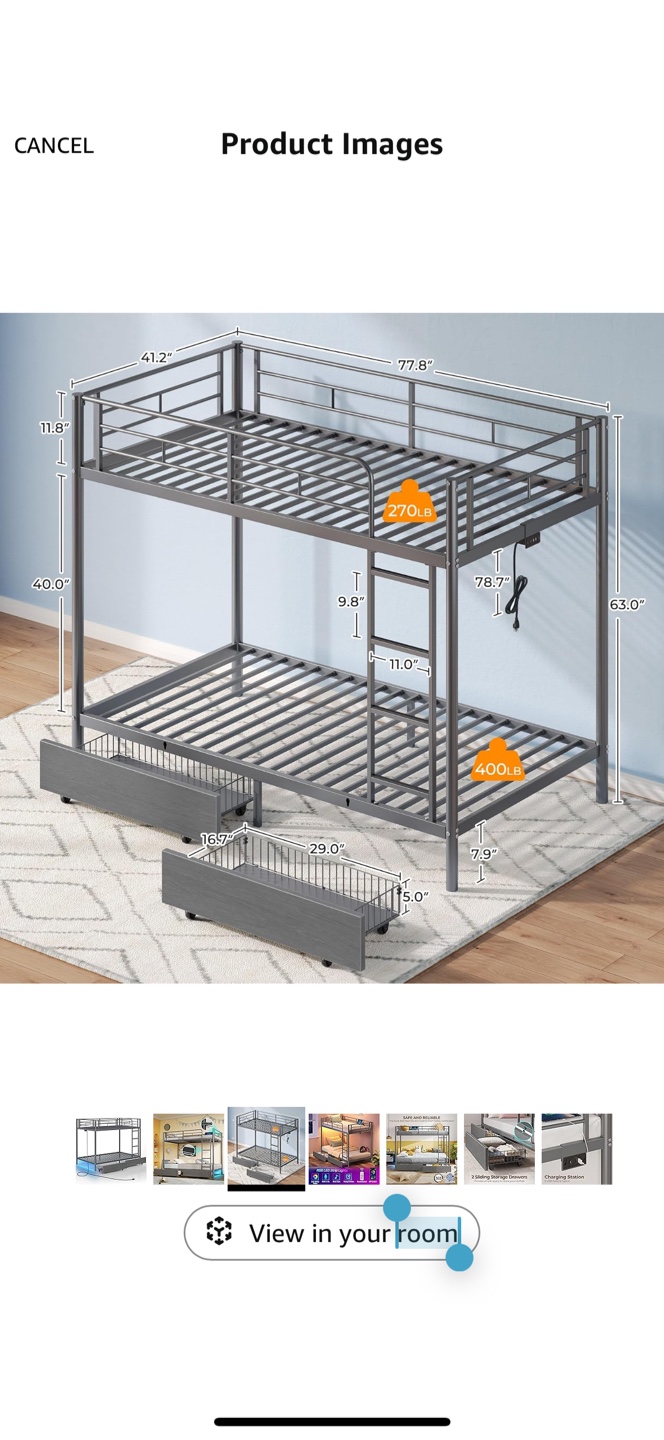 Metal Bunk Bed with Storage Drawers and USB Charging Station