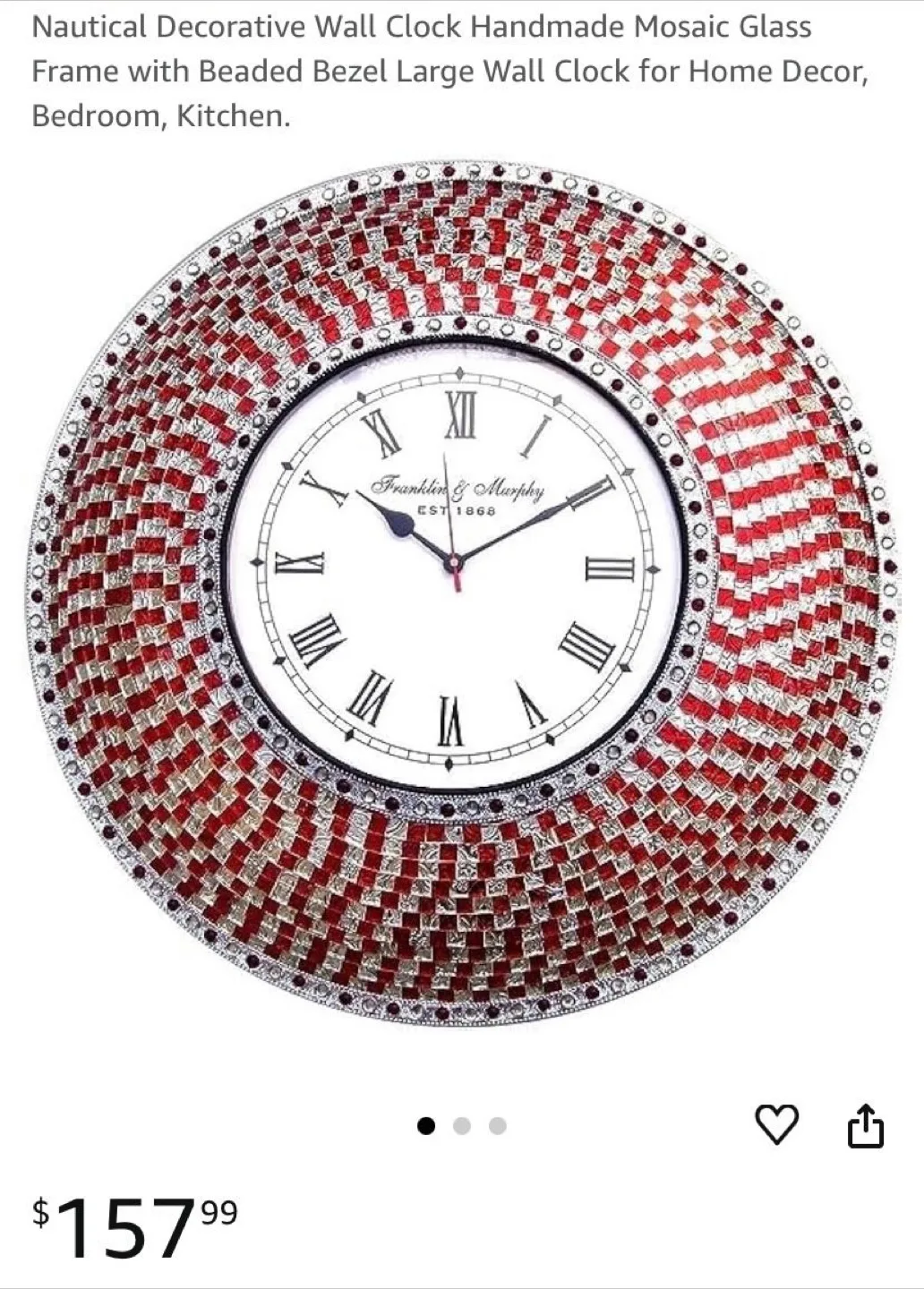 Antique-Style Red and Silver Mosaic Wall Clock thumbnail