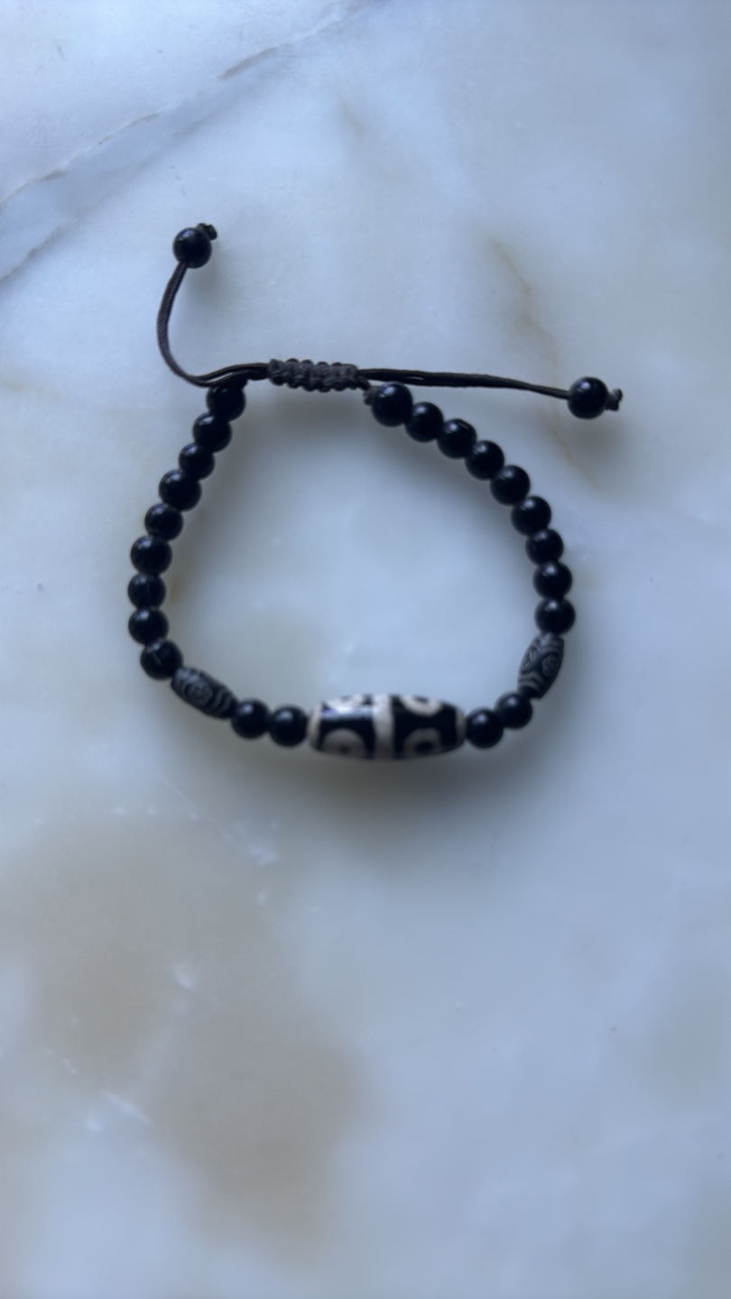 Black Beaded Bracelet with Dzi Bead Charm