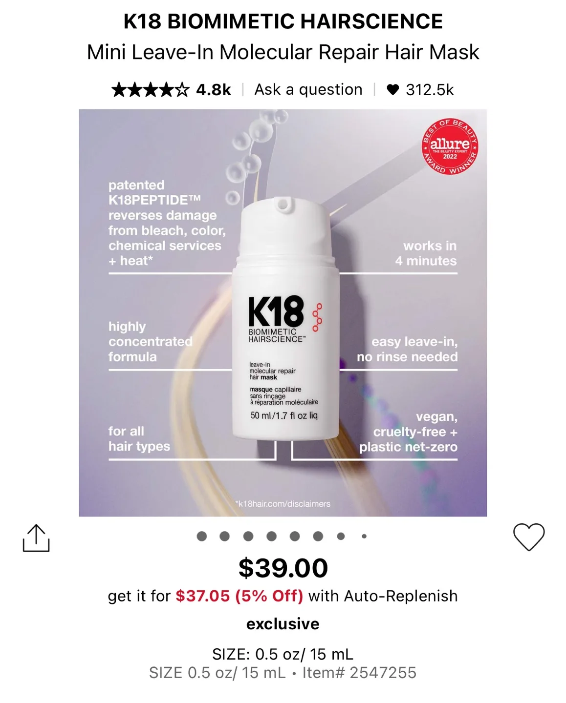 (Trial Size) K18 BIOMIMETIC HAIRSCIENCE Leave-In Hair Mask image indicator(2)