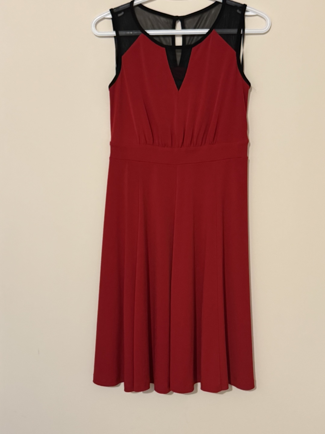 Red Sleeveless A-line Dress with Mesh Detail