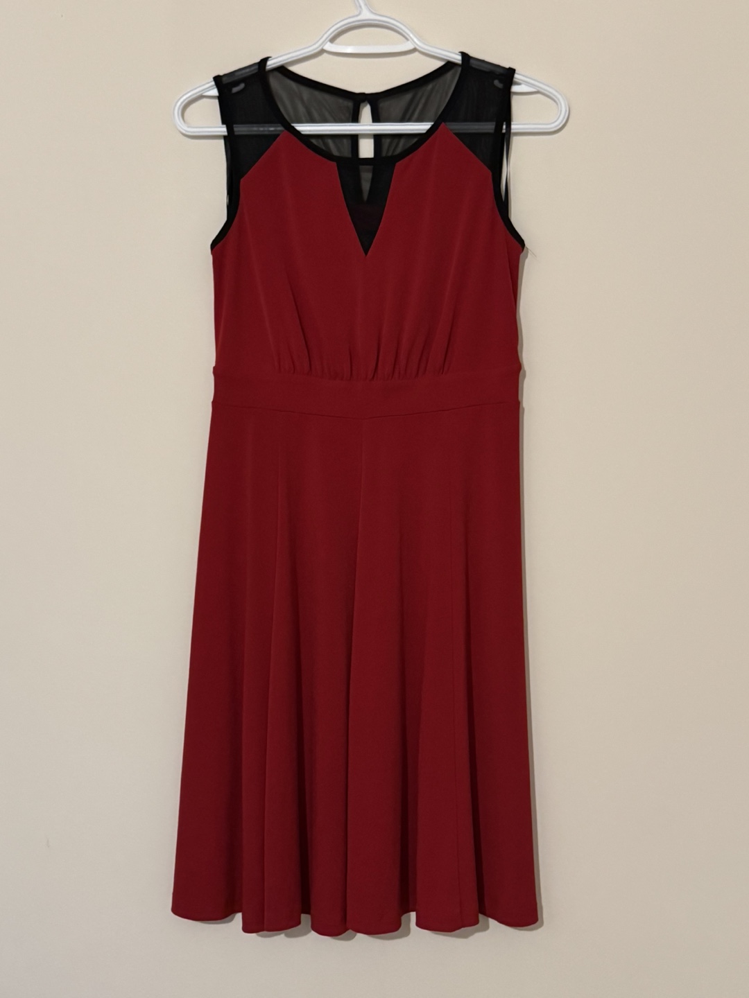 Red Sleeveless A-line Dress with Mesh Detail - photo 2