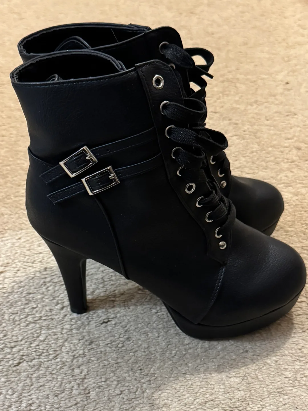 Black Lace-Up Booties with Buckles thumbnail