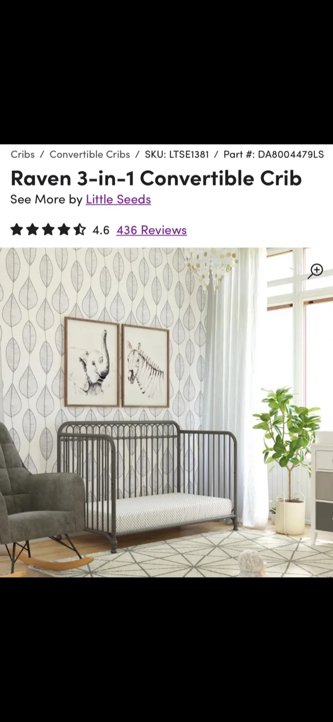 Metal 3-in-1 Convertible Crib and Mattress- Grey image indicator(5)