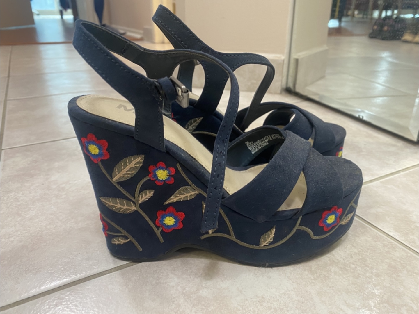 MIA Navy Blue Floral Embroidered Wedge Sandals