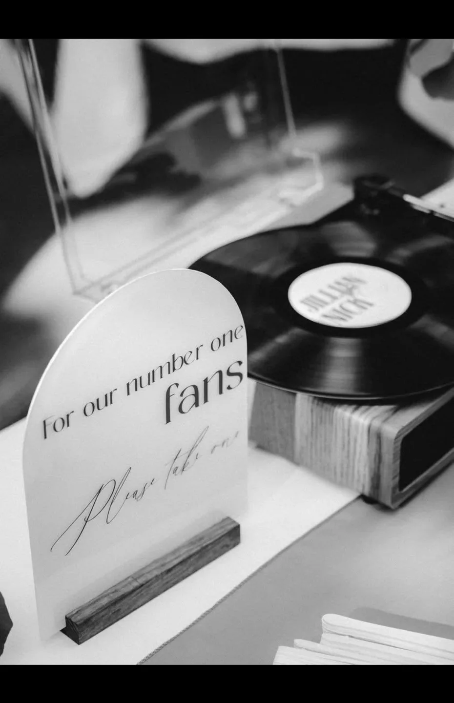Set of Two White Acrylic Arch Signs with Wooden Stands thumbnail