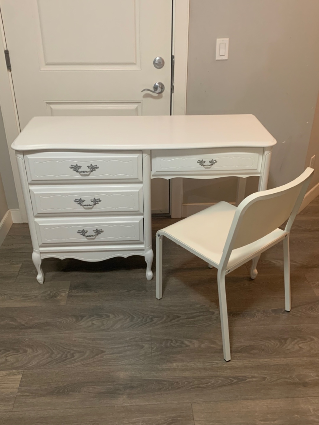 White Vanity Desk with Four Drawers and Matching Chair