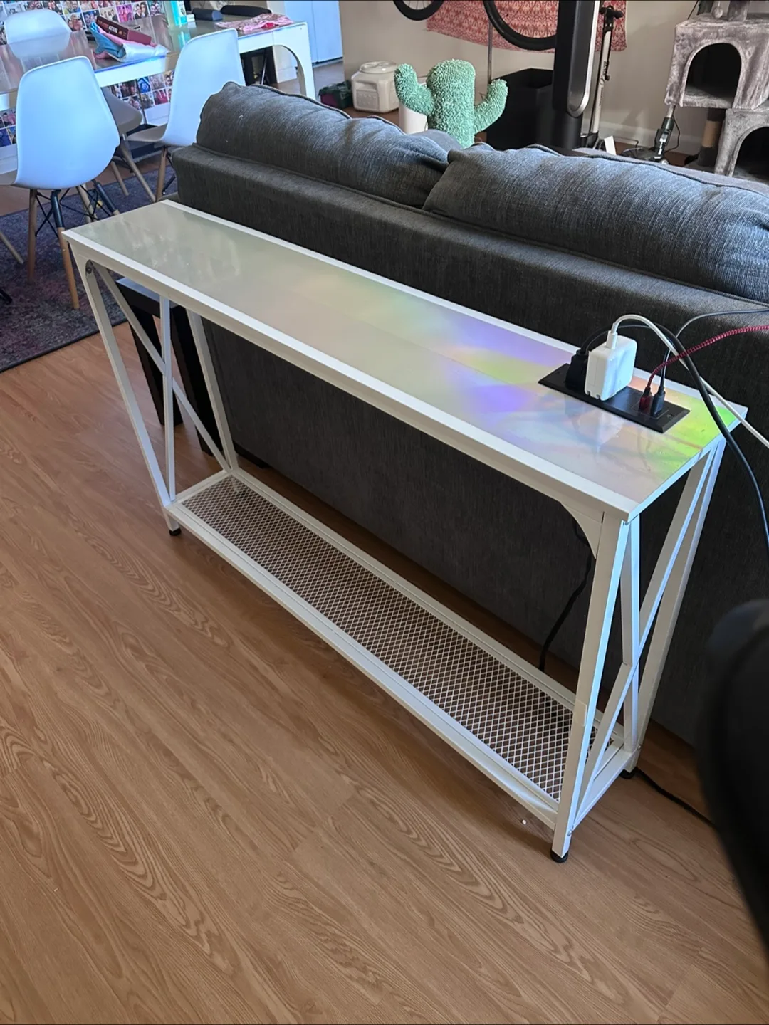 White Console Table with Iridescent Top and Built-in Outlets thumbnail
