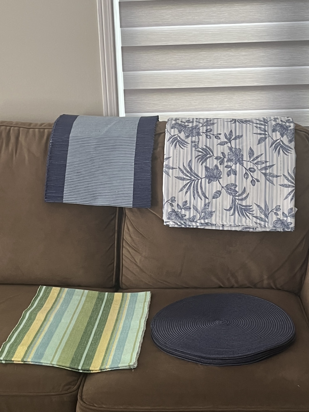 Blue themed runners, tablecloths, and placemats