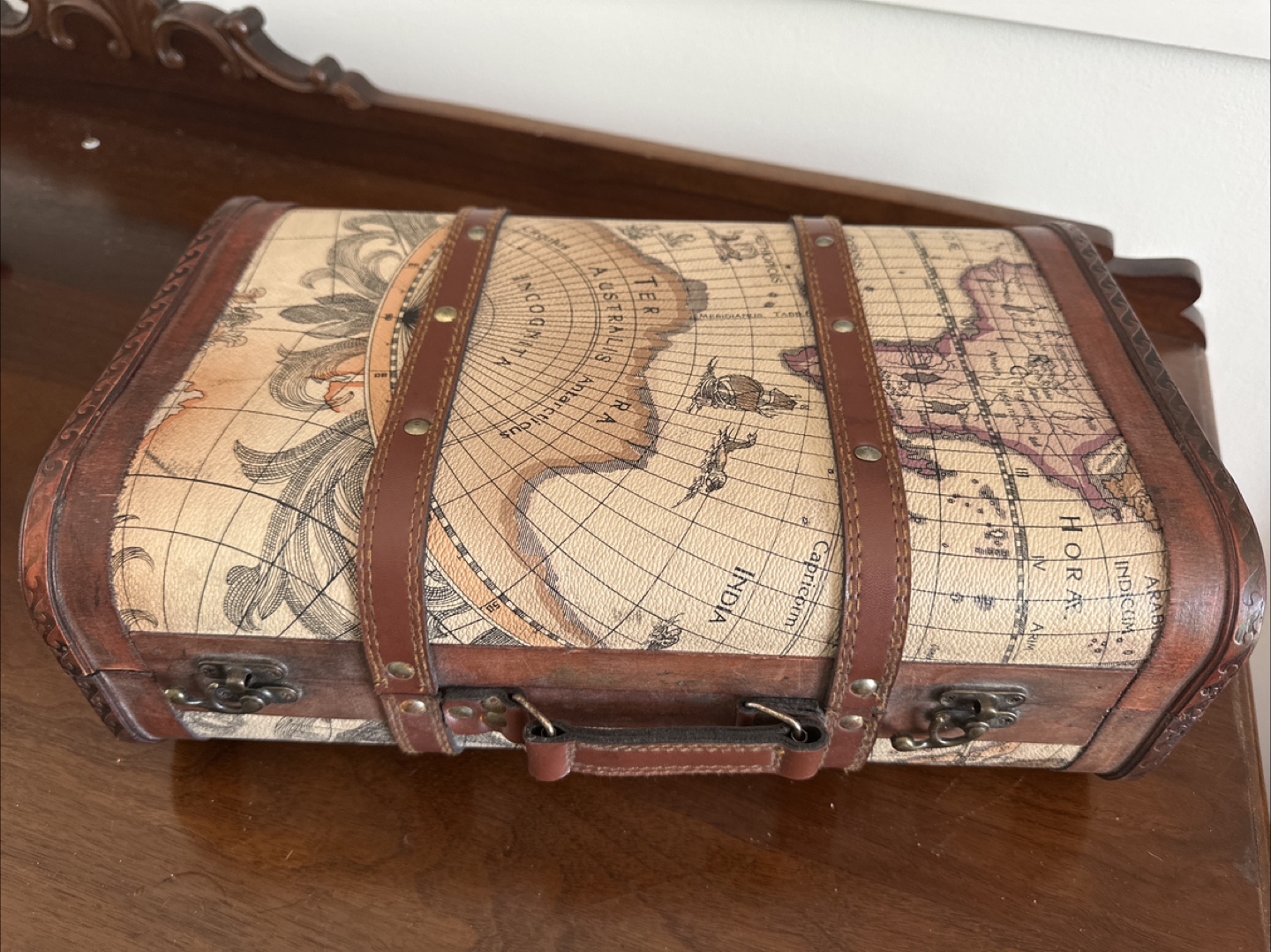 Vintage-Style World Map Wooden Trunk