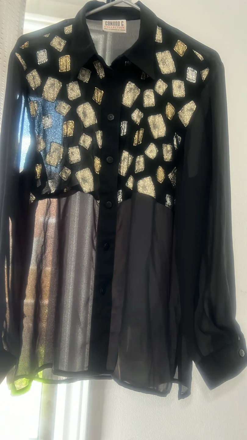 Elegant vintage sheer black button-up shirt with metalic detail thumbnail