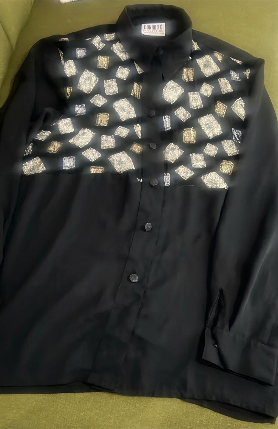 Elegant vintage sheer black button-up shirt with metalic detail image indicator(3)
