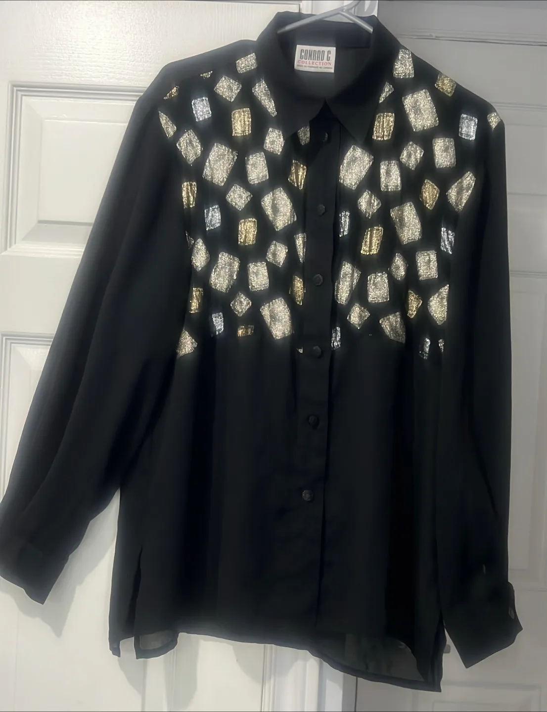 Elegant vintage sheer black button-up shirt with metalic detail image indicator(2)