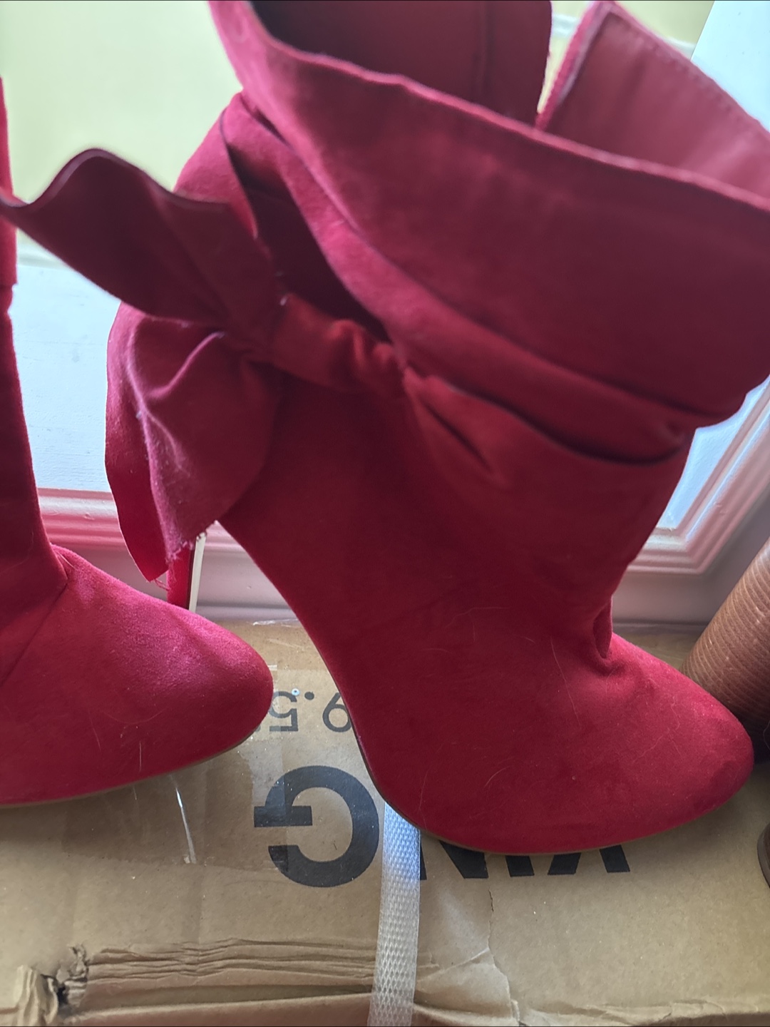 Red Suede Bow Ankle Boots