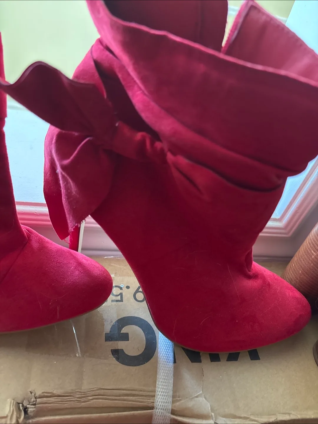 Red Suede Bow Ankle Boots