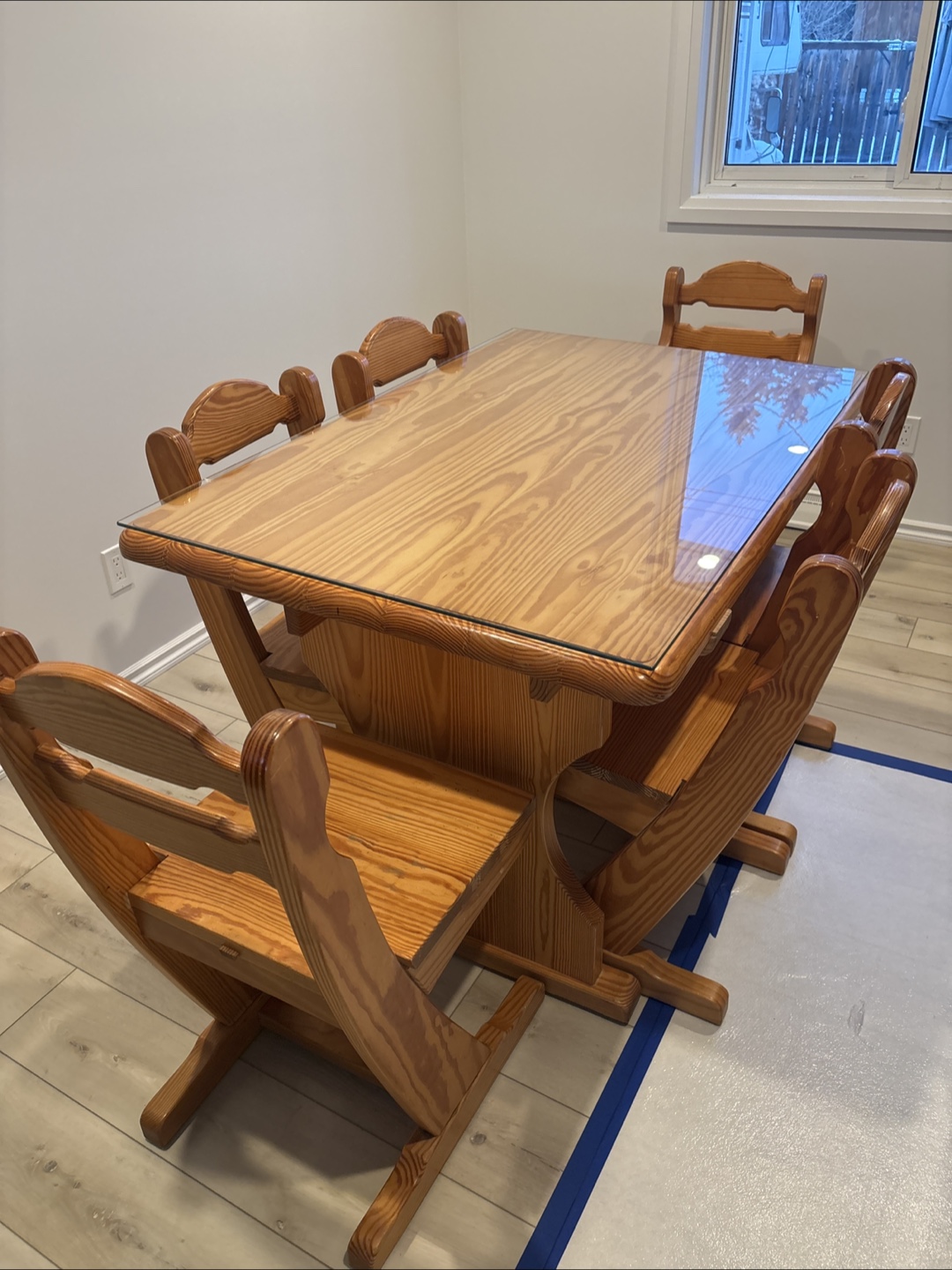Solid Pine Wood Dining Table and Six Chairs Set