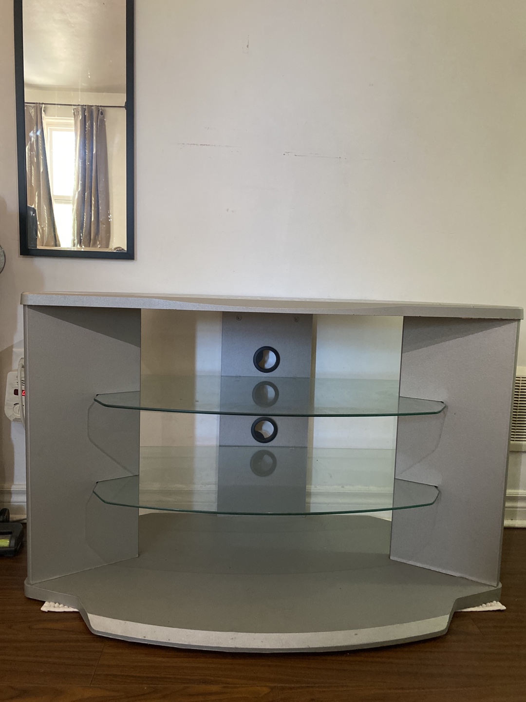 Silver TV Stand with Glass Shelves