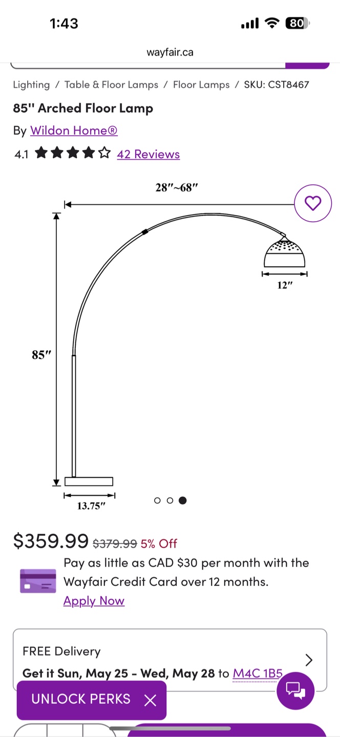 85" Arched Floor Lamp - Excellent Condition