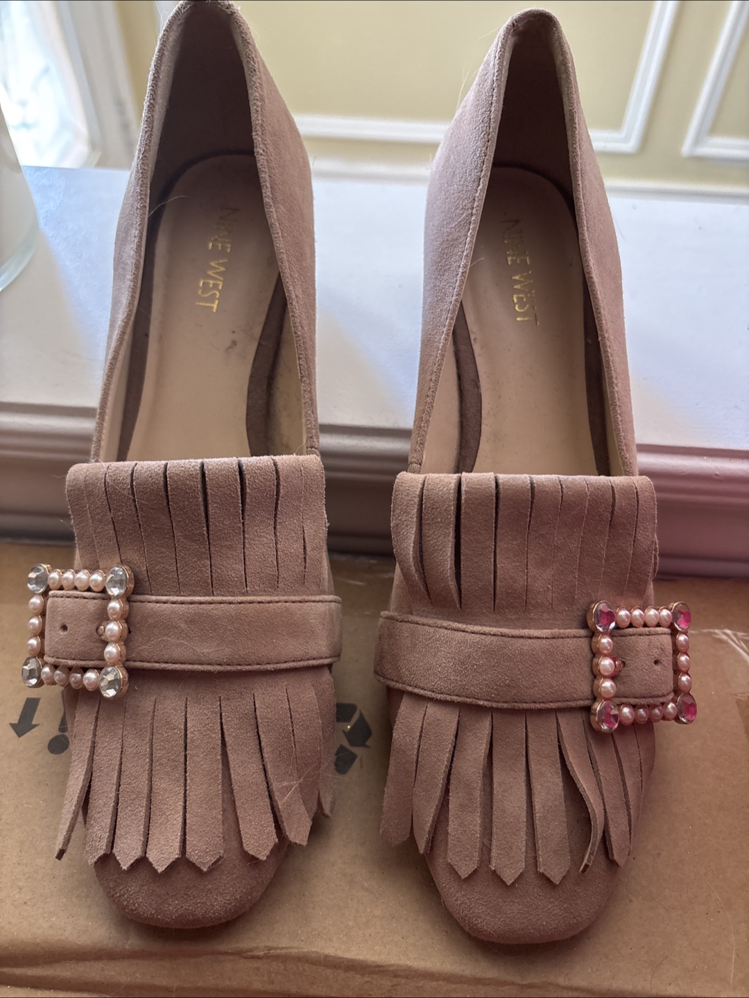 Nine West Blush Pink Suede Fringe Loafers
