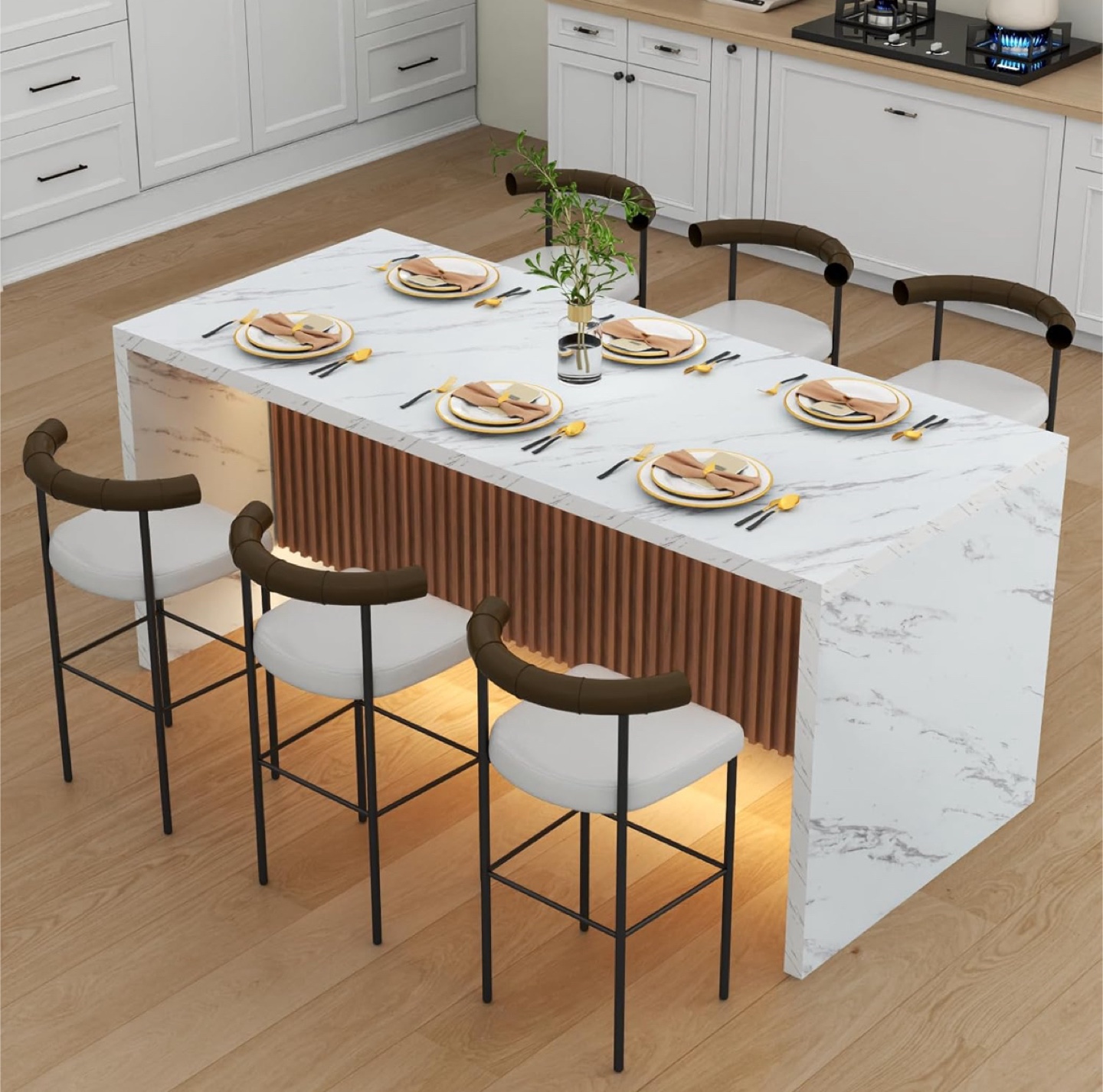 Modern Kitchen Island with LED Lighting and 6 Stools